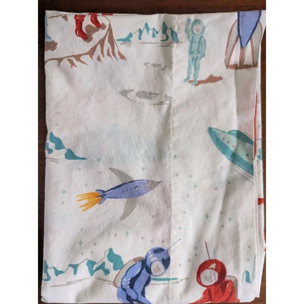 Pottery Barn Kids Astronaut Flat Sheet Pillowcase Full Size Retro Space Planets
